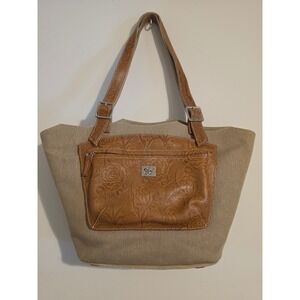 Sharif Studio Tote Bag Women Large Tan Corduroy Tooled Leather Boho Western Chic